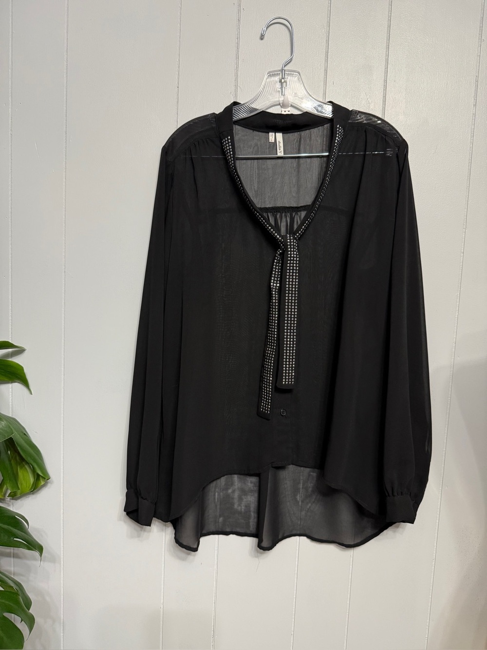 #19) Studio Y Black Sheer Tie-Neck Blouse with Studded Trim